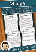 Vorschau - Unterrichtsreihen - Manga Lückentext mit Wortspeicher Hörverstehen und Suchsel - Deckblatt