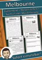 Vorschau - Unterrichtsreihen - Melbourne Lückentext mit Wortspeicher Hörverstehen und Suchsel - Deckblatt