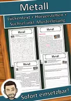 Vorschau - Unterrichtsreihen - Metall Lückentext mit Wortspeicher Hörverstehen und Suchsel - Deckblatt
