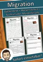 Vorschau - Unterrichtsreihen - Migration Lückentext mit Wortspeicher Hörverstehen und Suchsel - Deckblatt