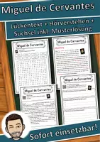 Vorschau - Unterrichtsreihen - Miguel de Cervantes Lückentext mit Wortspeicher Hörverstehen und Suchsel - Deckblatt