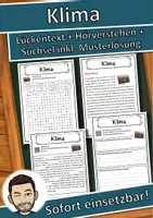 Vorschau - Unterrichtsreihen - Klima Lückentext mit Wortspeicher Hörverstehen und Suchsel - Deckblatt