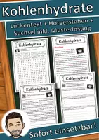 Vorschau - Unterrichtsreihen - Kohlenhydrate Lückentext mit Wortspeicher Hörverstehen und Suchsel - Deckblatt