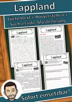 Vorschau - Unterrichtsreihen - Lappland Lückentext mit Wortspeicher Hörverstehen und Suchsel - Deckblatt