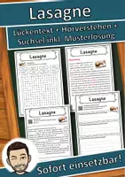 Vorschau - Unterrichtsreihen - Lasagne Lückentext mit Wortspeicher Hörverstehen und Suchsel - Deckblatt