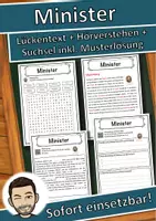Vorschau - Unterrichtsreihen - Minister Lückentext mit Wortspeicher Hörverstehen und Suchsel - Deckblatt