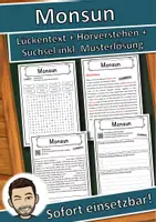 Vorschau - Unterrichtsreihen - Monsun Lückentext mit Wortspeicher Hörverstehen und Suchsel - Deckblatt