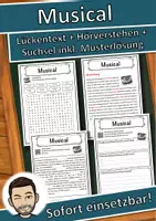 Vorschau - Unterrichtsreihen - Musical Lückentext mit Wortspeicher Hörverstehen und Suchsel - Deckblatt