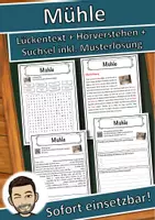 Vorschau - Unterrichtsreihen - Mühle Lückentext mit Wortspeicher Hörverstehen und Suchsel - Deckblatt