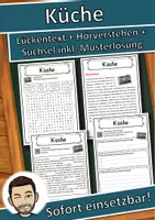 Vorschau - Unterrichtsreihen - Küche Lückentext mit Wortspeicher Hörverstehen und Suchsel - Deckblatt