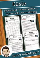Vorschau - Unterrichtsreihen - Küste Lückentext mit Wortspeicher Hörverstehen und Suchsel - Deckblatt