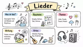 Vorschau - Arbeitsblätter - AB mit Fragen zum Thema "Lieder" + Lösungsblatt + Mindmap + Infografik - Seite 1