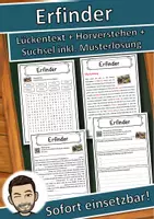 Vorschau - Unterrichtsreihen - Erfinder Lückentext mit Wortspeicher Hörverstehen und Suchsel - Deckblatt