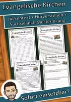 Vorschau - Unterrichtsreihen - Evangelische Kirchen Lückentext mit Wortspeicher Hörverstehen und Suchsel - Deckblatt