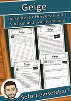 Vorschau - Unterrichtsreihen - Geige Lückentext mit Wortspeicher Hörverstehen und Suchsel - Deckblatt