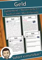 Vorschau - Unterrichtsreihen - Geld Lückentext mit Wortspeicher Hörverstehen und Suchsel - Deckblatt
