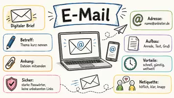 Vorschau - Arbeitsblätter - AB mit Fragen zum Thema "E-Mail" + Lösungsblatt + Infografik - Seite 1