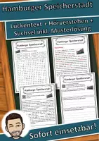 Vorschau - Unterrichtsreihen - Hamburger Speicherstadt Lückentext mit Wortspeicher Hörverstehen und Suchsel - Deckblatt