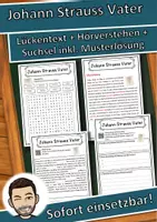 Vorschau - Unterrichtsreihen - Johann Strauss Vater Lückentext mit Wortspeicher Hörverstehen und Suchsel - Deckblatt