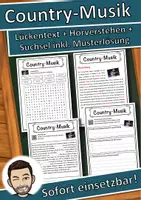 Vorschau - Unterrichtsreihen - Country-Musik Lückentext mit Wortspeicher Hörverstehen und Suchsel - Deckblatt