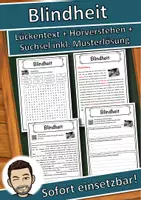 Vorschau - Unterrichtsreihen - Blindheit Lückentext mit Wortspeicher Hörverstehen und Suchsel - Deckblatt
