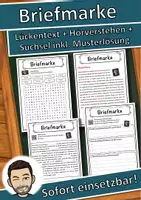 Vorschau - Unterrichtsreihen - Briefmarke Lückentext mit Wortspeicher Hörverstehen und Suchsel - Deckblatt