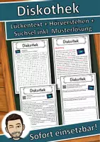 Vorschau - Unterrichtsreihen - Diskothek Lückentext mit Wortspeicher Hörverstehen und Suchsel - Deckblatt