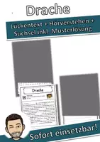 Vorschau - Unterrichtsreihen - Drache Lückentext mit Wortspeicher Hörverstehen und Suchsel - Deckblatt