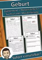 Vorschau - Unterrichtsreihen - Geburt Lückentext mit Wortspeicher Hörverstehen und Suchsel - Deckblatt