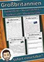 Vorschau - Unterrichtsreihen - Großbritannien Lückentext mit Wortspeicher Hörverstehen und Suchsel - Deckblatt
