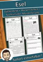 Vorschau - Unterrichtsreihen - Esel Lückentext mit Wortspeicher Hörverstehen und Suchsel - Deckblatt