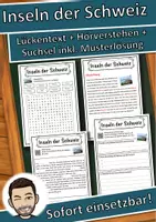 Vorschau - Unterrichtsreihen - Inseln der Schweiz Lückentext mit Wortspeicher Hörverstehen und Suchsel - Deckblatt