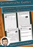 Vorschau - Unterrichtsreihen - Germanische Götter Lückentext mit Wortspeicher Hörverstehen und Suchsel - Deckblatt
