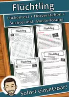 Vorschau - Unterrichtsreihen - Flüchtling Lückentext mit Wortspeicher Hörverstehen und Suchsel - Deckblatt