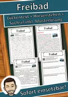 Vorschau - Unterrichtsreihen - Freibad Lückentext mit Wortspeicher Hörverstehen und Suchsel - Deckblatt