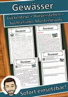 Vorschau - Unterrichtsreihen - Gewässer Lückentext mit Wortspeicher Hörverstehen und Suchsel - Deckblatt