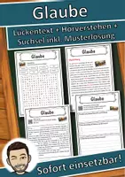 Vorschau - Unterrichtsreihen - Glaube Lückentext mit Wortspeicher Hörverstehen und Suchsel - Deckblatt