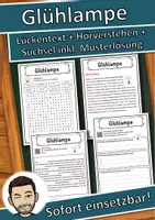 Vorschau - Unterrichtsreihen - Glühlampe Lückentext mit Wortspeicher Hörverstehen und Suchsel - Deckblatt