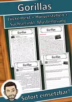 Vorschau - Unterrichtsreihen - Gorillas Lückentext mit Wortspeicher Hörverstehen und Suchsel - Deckblatt