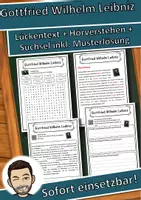 Vorschau - Unterrichtsreihen - Gottfried Wilhelm Leibniz Lückentext mit Wortspeicher Hörverstehen und Suchsel - Deckblatt