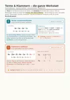 Vorschau - Arbeitsblätter - Terme & Klammern: Zusammenfassen, Klammern auflösen, Ausmultiplizieren & Ausklammern – Merkblatt + Übungen mit Lösungen - Seite 1