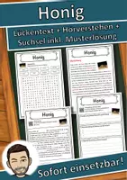 Vorschau - Unterrichtsreihen - Honig Lückentext mit Wortspeicher Hörverstehen und Suchsel - Deckblatt