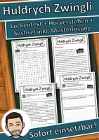 Vorschau - Unterrichtsreihen - Huldrych Zwingli Lückentext mit Wortspeicher Hörverstehen und Suchsel - Deckblatt