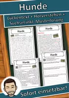 Vorschau - Unterrichtsreihen - Hunde Lückentext mit Wortspeicher Hörverstehen und Suchsel - Deckblatt