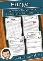 Vorschau - Unterrichtsreihen - Hunger Lückentext mit Wortspeicher Hörverstehen und Suchsel - Deckblatt