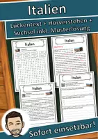 Vorschau - Unterrichtsreihen - Italien Lückentext mit Wortspeicher Hörverstehen und Suchsel - Deckblatt
