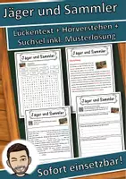 Vorschau - Unterrichtsreihen - Jäger und Sammler Lückentext mit Wortspeicher Hörverstehen und Suchsel - Deckblatt