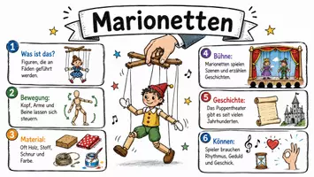 Vorschau - Arbeitsblätter - AB mit Fragen zum Thema "Marionetten" + Lösungsblatt + Infografik - Seite 1