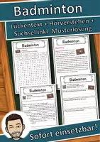 Vorschau - Unterrichtsreihen - Badminton Lückentext mit Wortspeicher Hörverstehen und Suchsel - Deckblatt