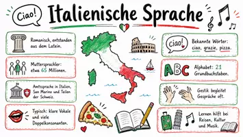 Vorschau - Arbeitsblätter - AB mit Fragen zum Thema "Italienische Sprache" + Lösungsblatt + Mindmap + Infografik - Seite 1